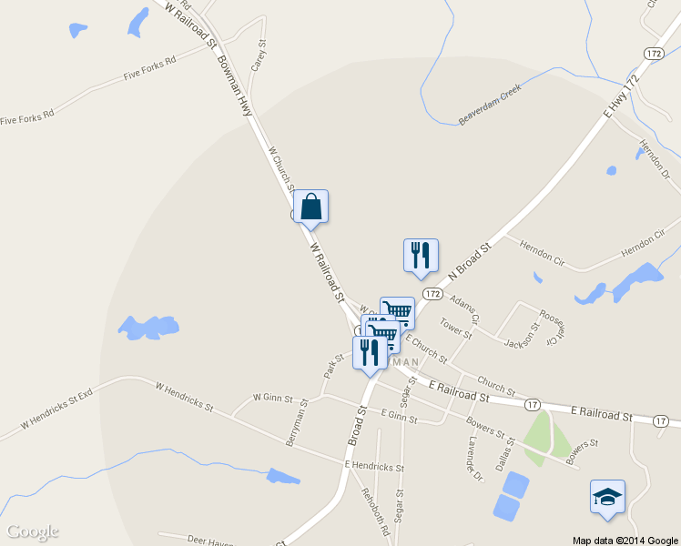 map of restaurants, bars, coffee shops, grocery stores, and more near 130 West Church Street in Bowman