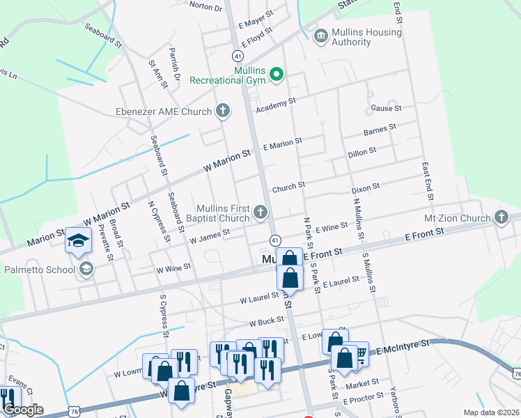 map of restaurants, bars, coffee shops, grocery stores, and more near 313 North Main Street in Mullins