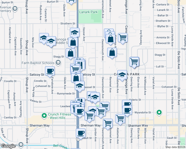 map of restaurants, bars, coffee shops, grocery stores, and more near 21825 Saticoy Street in Los Angeles