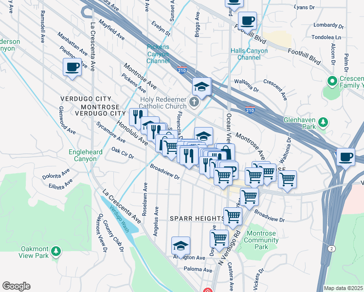 map of restaurants, bars, coffee shops, grocery stores, and more near 3921 Orangedale Avenue in La Crescenta-Montrose