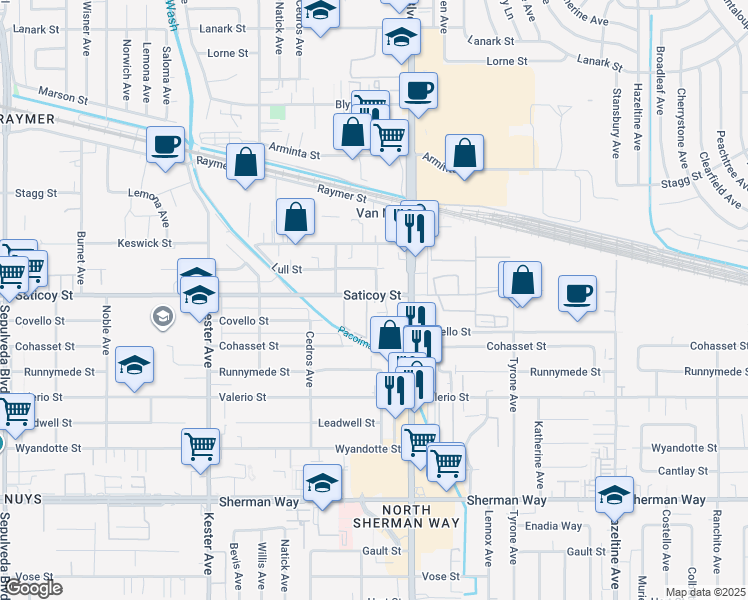 map of restaurants, bars, coffee shops, grocery stores, and more near 14547 Saticoy Street in Los Angeles