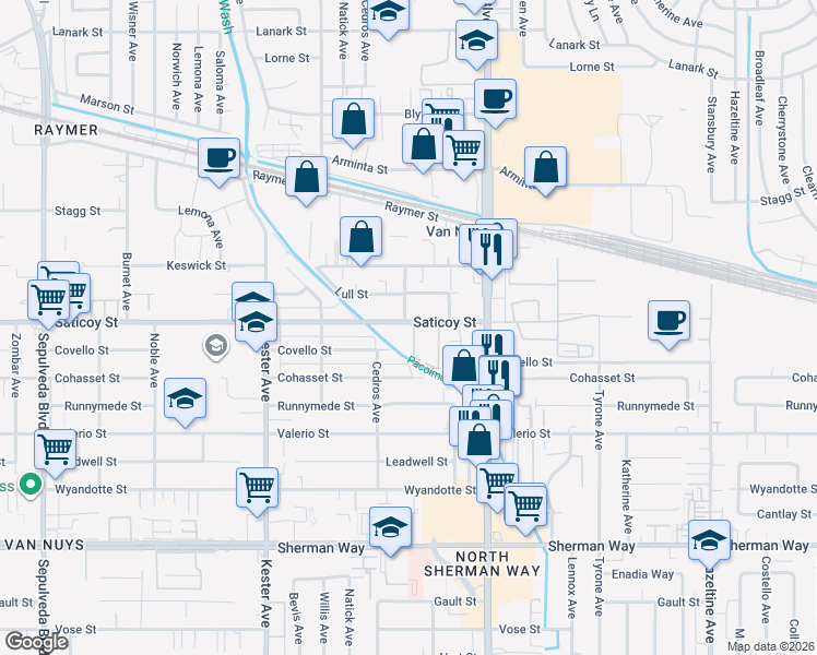 map of restaurants, bars, coffee shops, grocery stores, and more near 7640 Tobias Avenue in Los Angeles