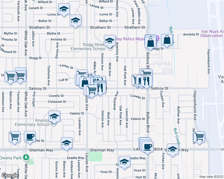 map of restaurants, bars, coffee shops, grocery stores, and more near 17106 Keswick Street in Los Angeles