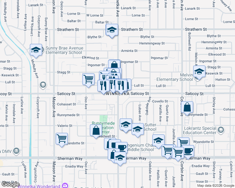 map of restaurants, bars, coffee shops, grocery stores, and more near 7616 Winnetka Avenue in Los Angeles