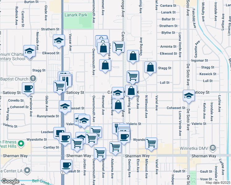 map of restaurants, bars, coffee shops, grocery stores, and more near 21445 Saticoy Street in Los Angeles