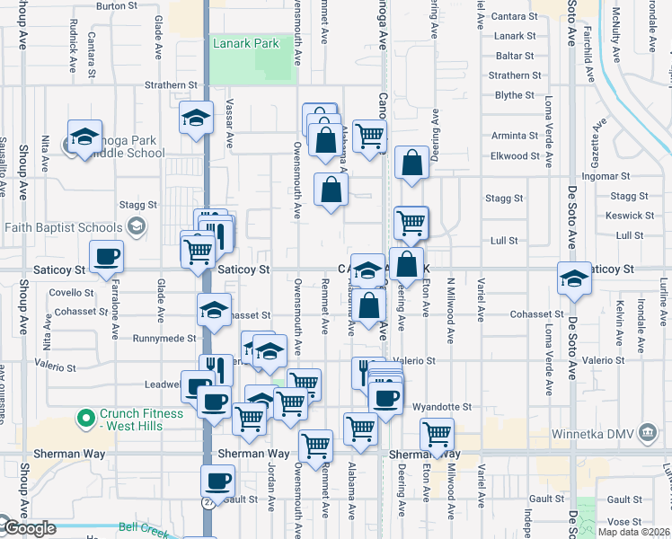 map of restaurants, bars, coffee shops, grocery stores, and more near 7628 Owensmouth Avenue in Los Angeles