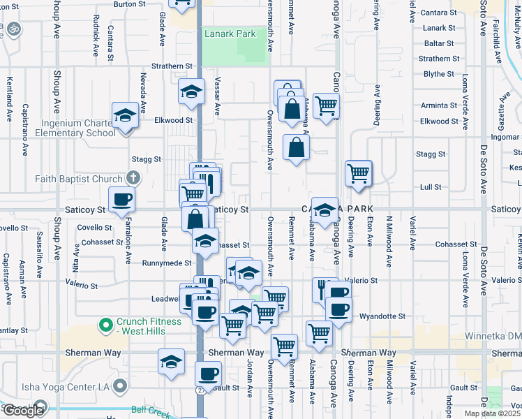 map of restaurants, bars, coffee shops, grocery stores, and more near 21707 Saticoy Street in Los Angeles