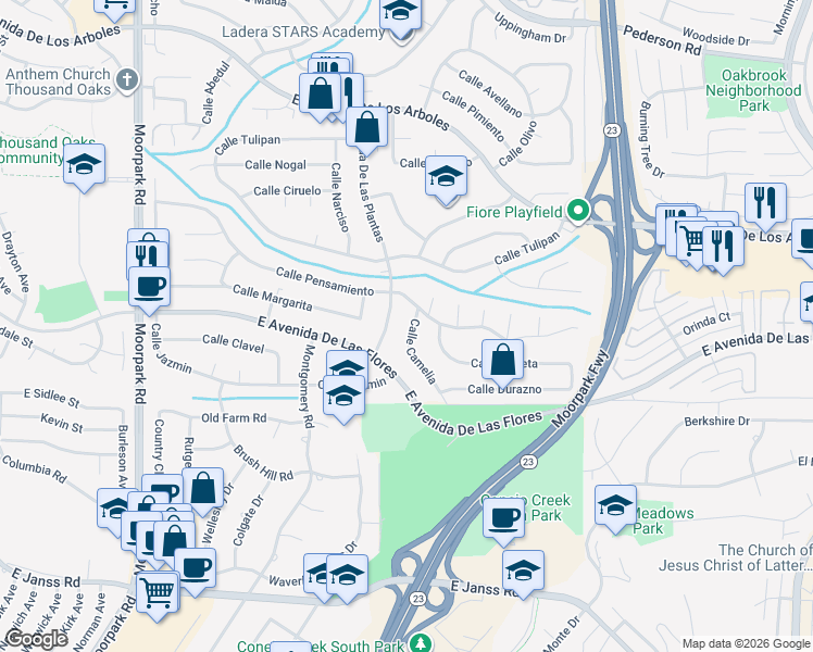 map of restaurants, bars, coffee shops, grocery stores, and more near 2325 Calle Lirio in Thousand Oaks
