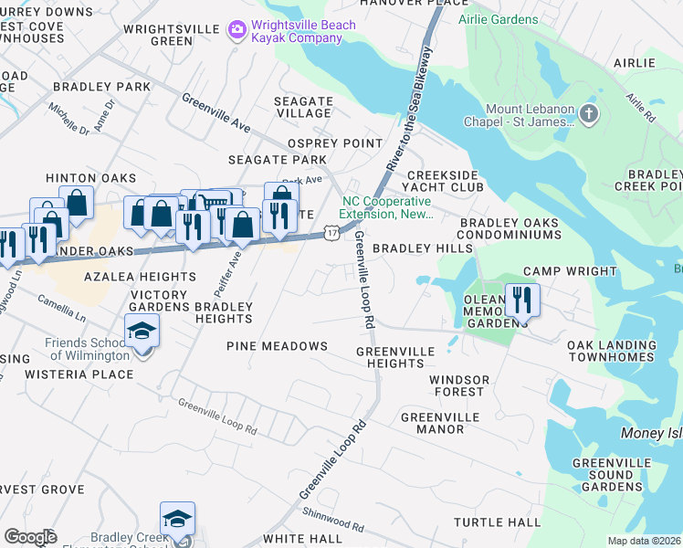 map of restaurants, bars, coffee shops, grocery stores, and more near 6120 Oleander Drive in Wilmington