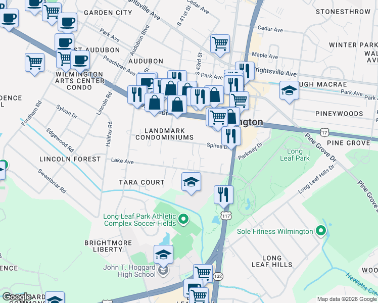 map of restaurants, bars, coffee shops, grocery stores, and more near 4301-4305 Spirea Drive in Wilmington