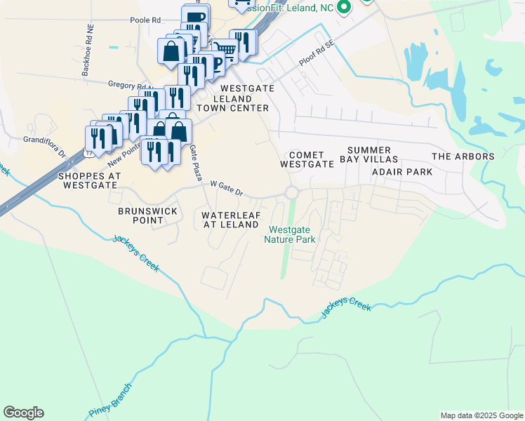 map of restaurants, bars, coffee shops, grocery stores, and more near 1012 Tideline Drive in Leland