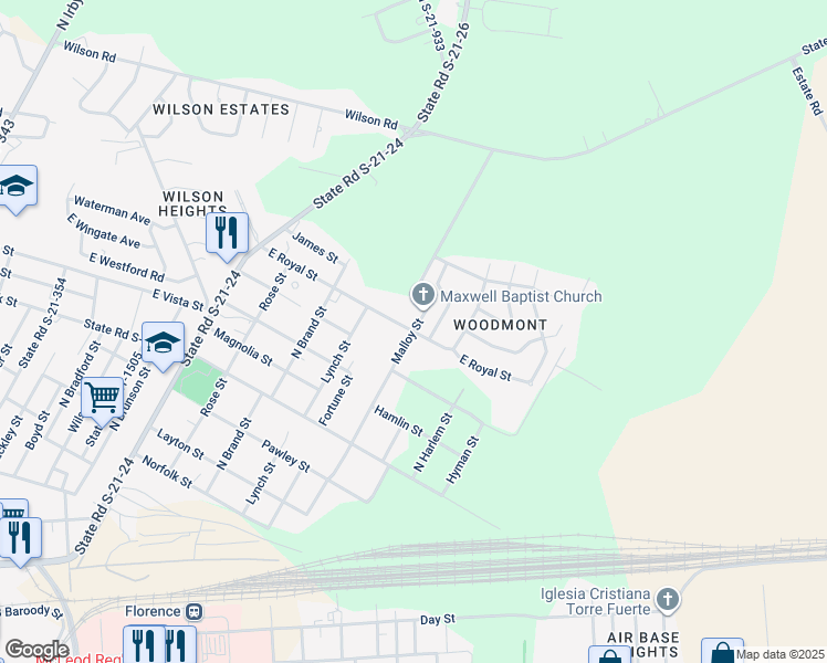 map of restaurants, bars, coffee shops, grocery stores, and more near 1309 Malloy Street in Florence