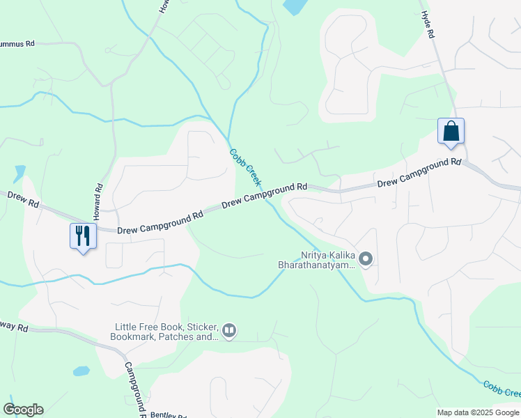 map of restaurants, bars, coffee shops, grocery stores, and more near 4235 Drew Campground Road in Alpharetta