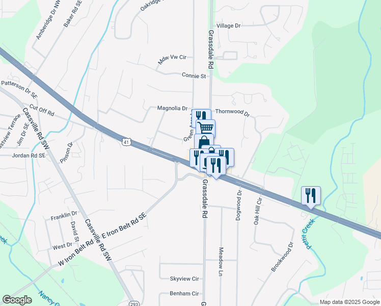 map of restaurants, bars, coffee shops, grocery stores, and more near 17 Green Acre Lane in Cartersville