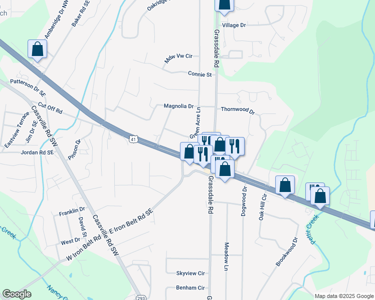 map of restaurants, bars, coffee shops, grocery stores, and more near 9 Green Acre Lane in Cartersville