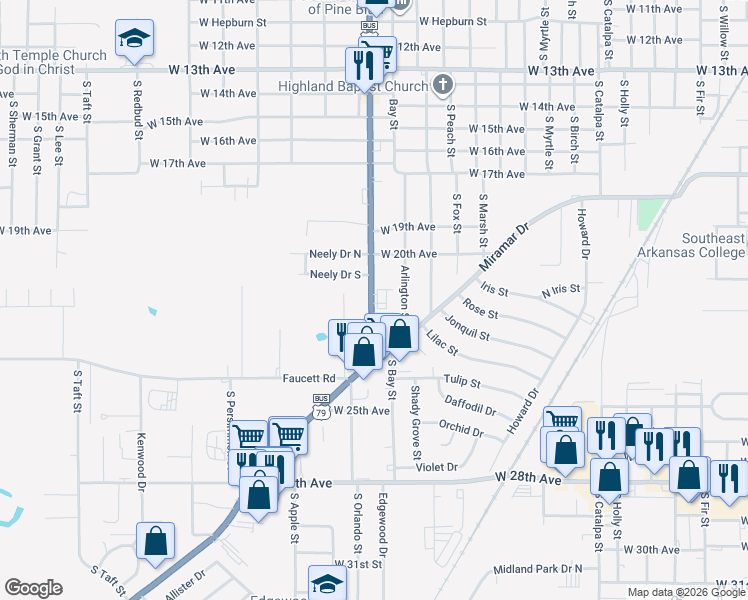 map of restaurants, bars, coffee shops, grocery stores, and more near 3820 West 20th Avenue in Pine Bluff