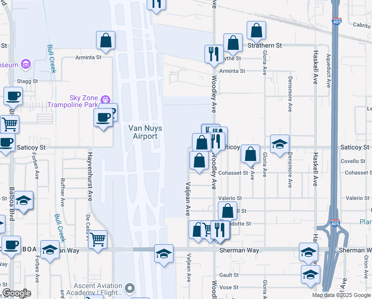 map of restaurants, bars, coffee shops, grocery stores, and more near 7535 Valjean Avenue in Los Angeles