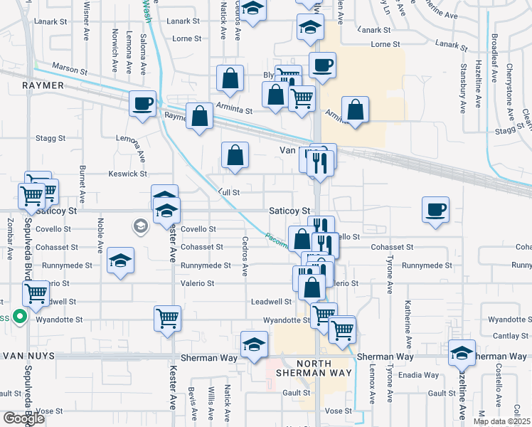 map of restaurants, bars, coffee shops, grocery stores, and more near 7640 Tobias Avenue in Los Angeles