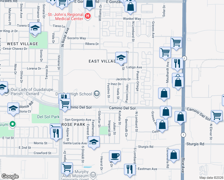 map of restaurants, bars, coffee shops, grocery stores, and more near 731 Galerita Street in Oxnard