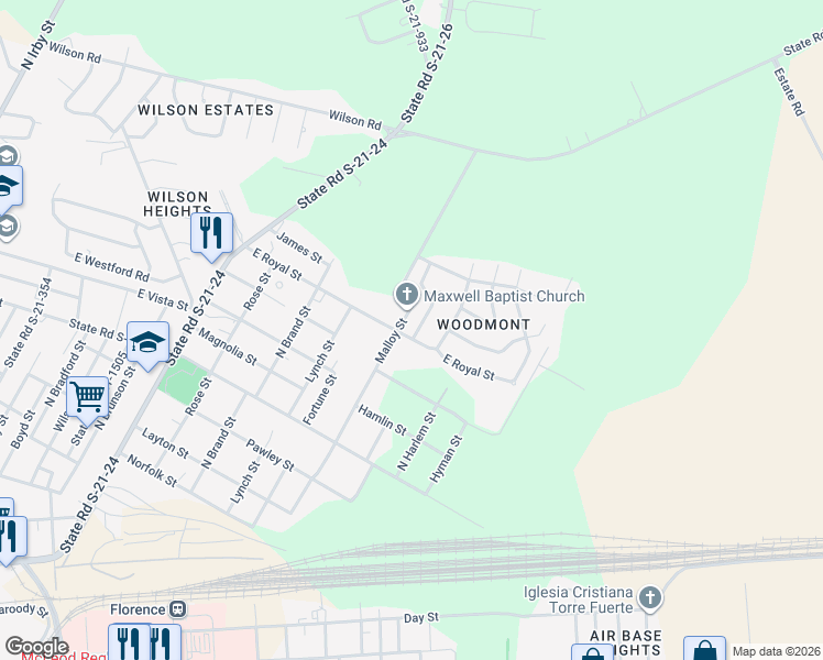 map of restaurants, bars, coffee shops, grocery stores, and more near 1309 Malloy Street in Florence