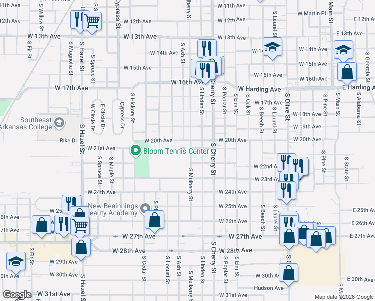 map of restaurants, bars, coffee shops, grocery stores, and more near 1401 West 20th Avenue in Pine Bluff