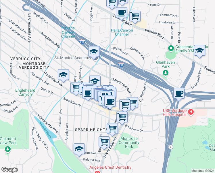 map of restaurants, bars, coffee shops, grocery stores, and more near 2307 Miravista Avenue in La Crescenta-Montrose