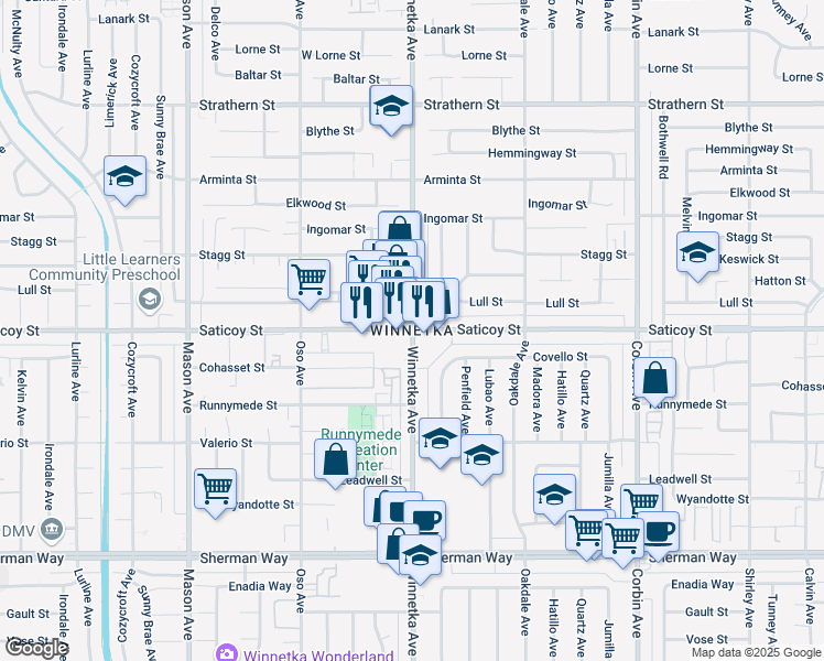 map of restaurants, bars, coffee shops, grocery stores, and more near 6510 Gazette Avenue in Los Angeles