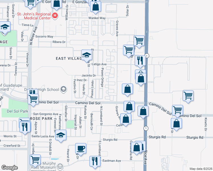 map of restaurants, bars, coffee shops, grocery stores, and more near 712 Corte Valdez in Oxnard