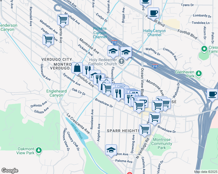map of restaurants, bars, coffee shops, grocery stores, and more near 3910 Sunset Avenue in La Crescenta-Montrose