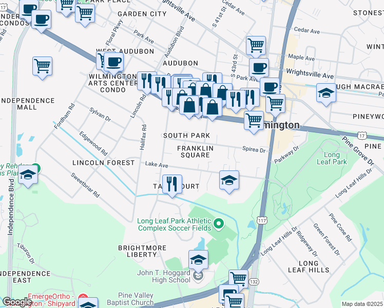 map of restaurants, bars, coffee shops, grocery stores, and more near 4192 Spirea Drive in Wilmington