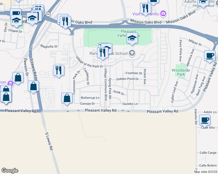 map of restaurants, bars, coffee shops, grocery stores, and more near 382 Village Commons Boulevard in Camarillo