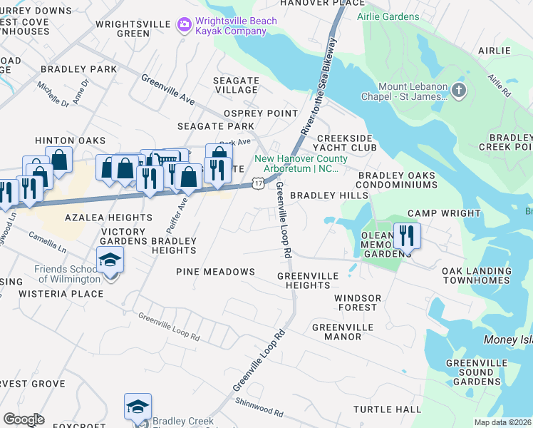 map of restaurants, bars, coffee shops, grocery stores, and more near 6120 Oleander Drive in Wilmington