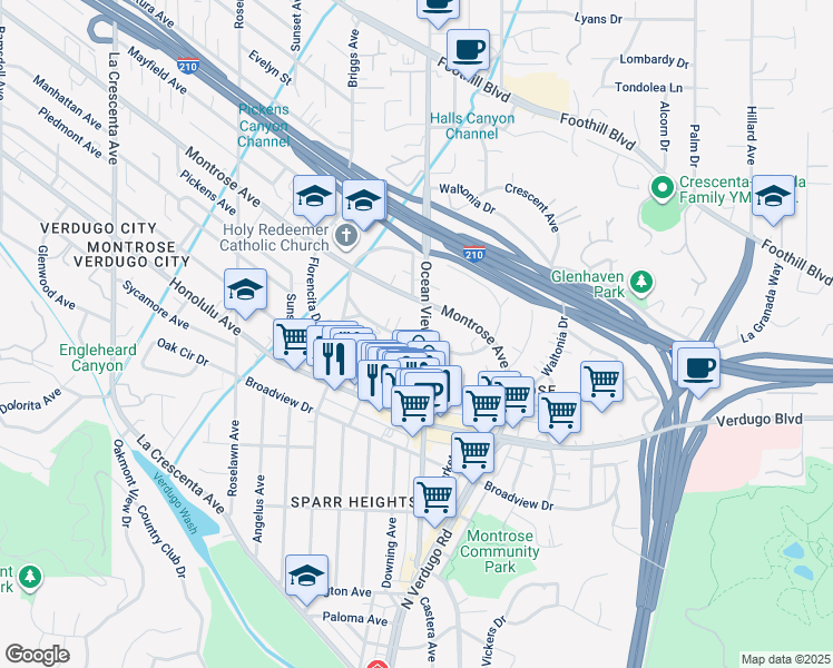 map of restaurants, bars, coffee shops, grocery stores, and more near 2307 Miravista Avenue in La Crescenta-Montrose