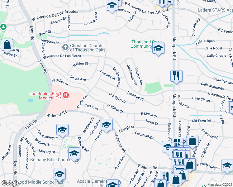 map of restaurants, bars, coffee shops, grocery stores, and more near 2136 Markham Avenue in Thousand Oaks