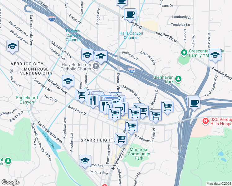 map of restaurants, bars, coffee shops, grocery stores, and more near 2307 Miravista Avenue in La Crescenta-Montrose