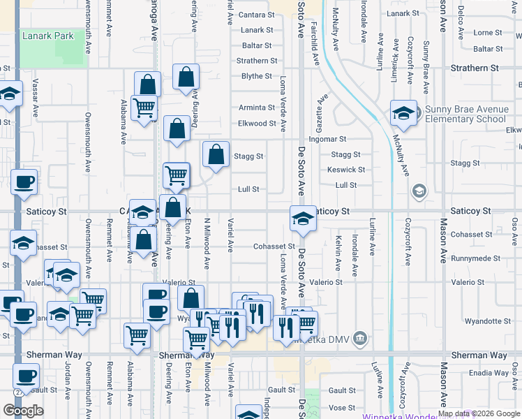 map of restaurants, bars, coffee shops, grocery stores, and more near 21018 Lull Street in Los Angeles