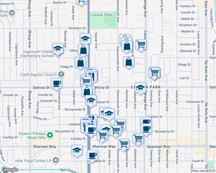 map of restaurants, bars, coffee shops, grocery stores, and more near 7625 Jordan Avenue in Los Angeles