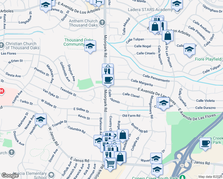 map of restaurants, bars, coffee shops, grocery stores, and more near 615 East Avenida De Las Flores in Thousand Oaks