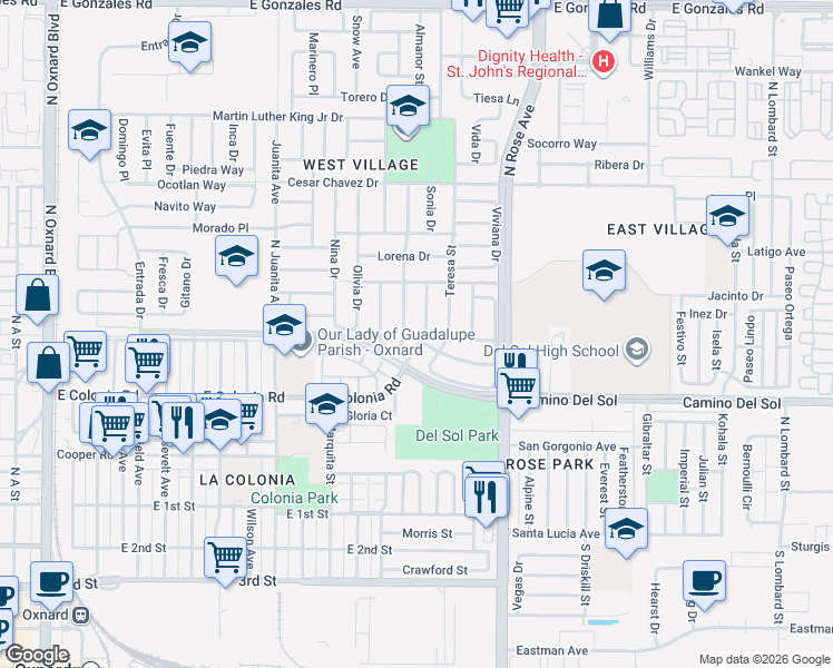 map of restaurants, bars, coffee shops, grocery stores, and more near 633 Sara Drive in Oxnard
