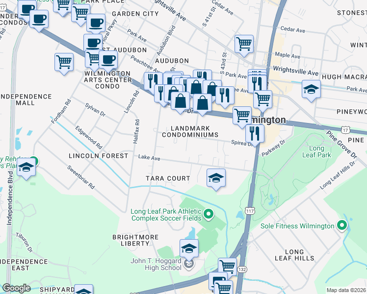map of restaurants, bars, coffee shops, grocery stores, and more near 4186 Spirea Drive in Wilmington