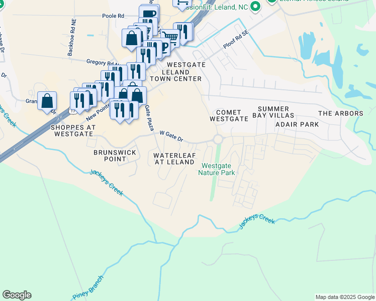 map of restaurants, bars, coffee shops, grocery stores, and more near 7418 Cordoba Circle in Leland
