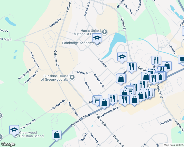 map of restaurants, bars, coffee shops, grocery stores, and more near 1701 Westbrook Drive in Greenwood