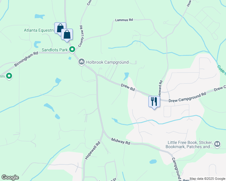 map of restaurants, bars, coffee shops, grocery stores, and more near 5385 Drew Road in Alpharetta