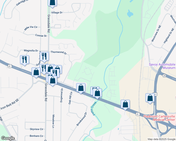 map of restaurants, bars, coffee shops, grocery stores, and more near 72 Massell Drive Southeast in Cartersville