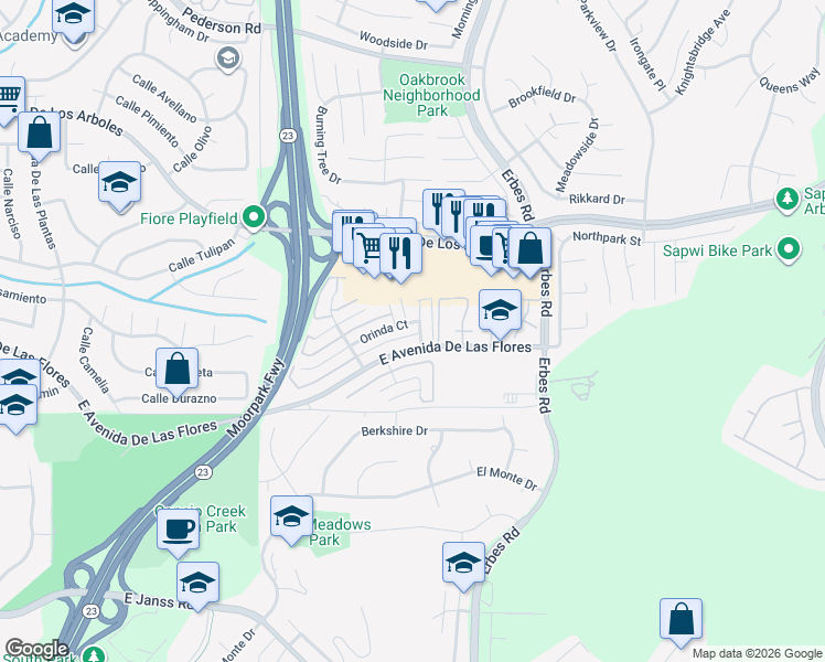 map of restaurants, bars, coffee shops, grocery stores, and more near 1862 Orinda Court in Thousand Oaks