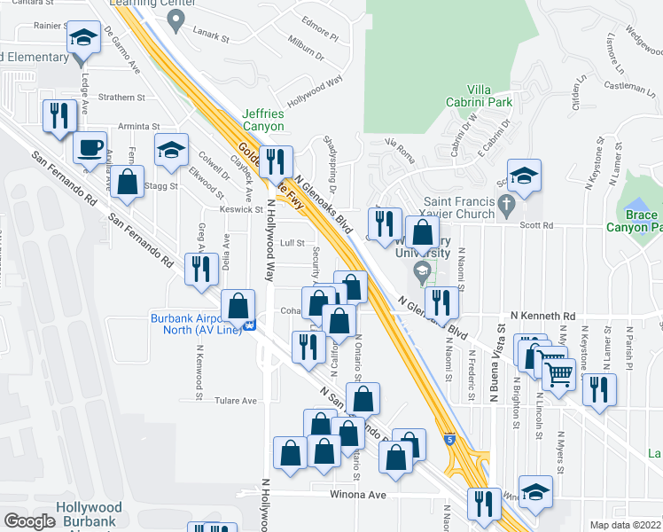 map of restaurants, bars, coffee shops, grocery stores, and more near 7563 Bloomington Avenue in Burbank
