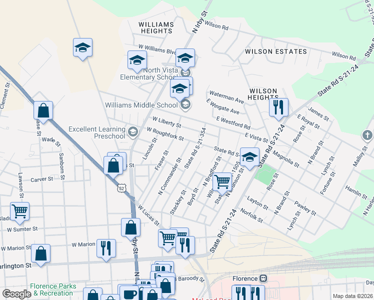 map of restaurants, bars, coffee shops, grocery stores, and more near 827 North Commander Street in Florence