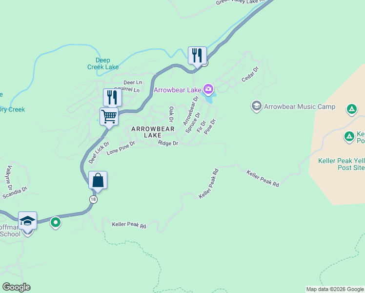 map of restaurants, bars, coffee shops, grocery stores, and more near 2445 Spruce Drive in Running Springs