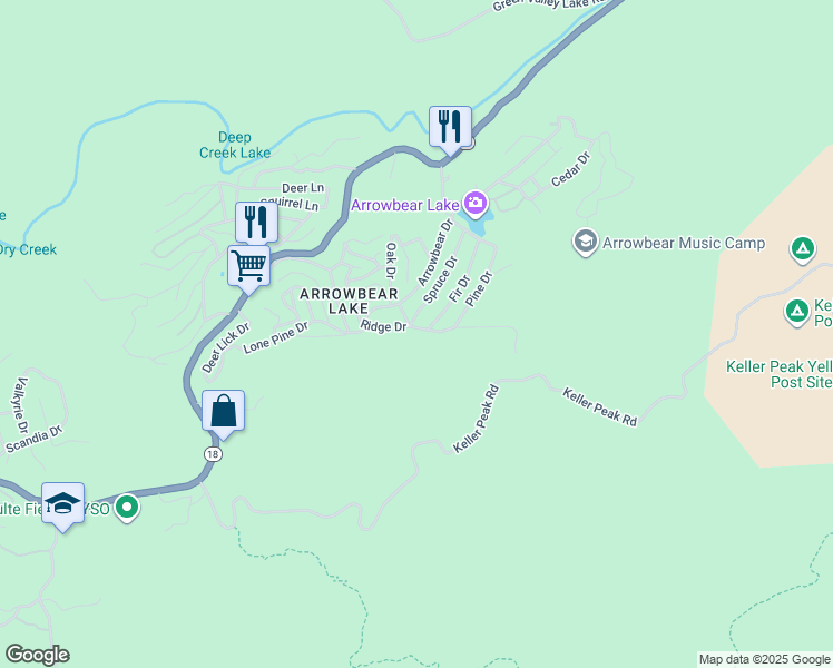 map of restaurants, bars, coffee shops, grocery stores, and more near 33159 Ridge Drive in Running Springs
