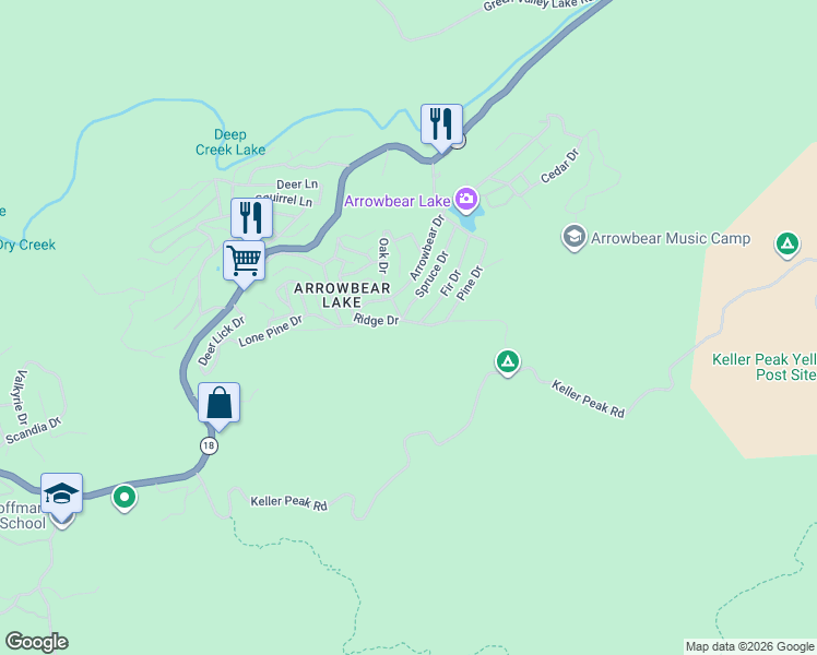 map of restaurants, bars, coffee shops, grocery stores, and more near 2445 Spruce Drive in Running Springs